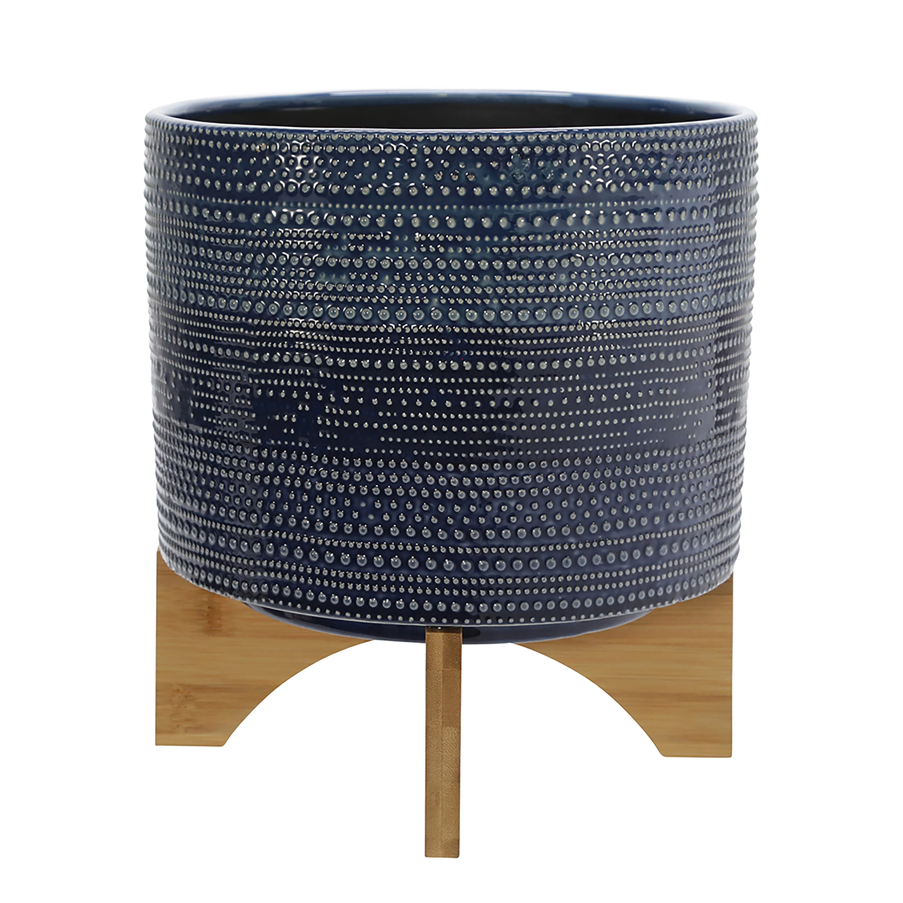 11" Dotted Planter W/ Wood Stand, Blue