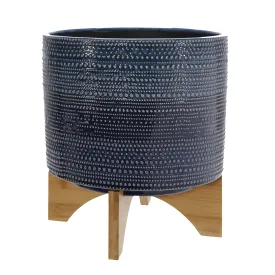 11" Dotted Planter W/ Wood Stand, Blue