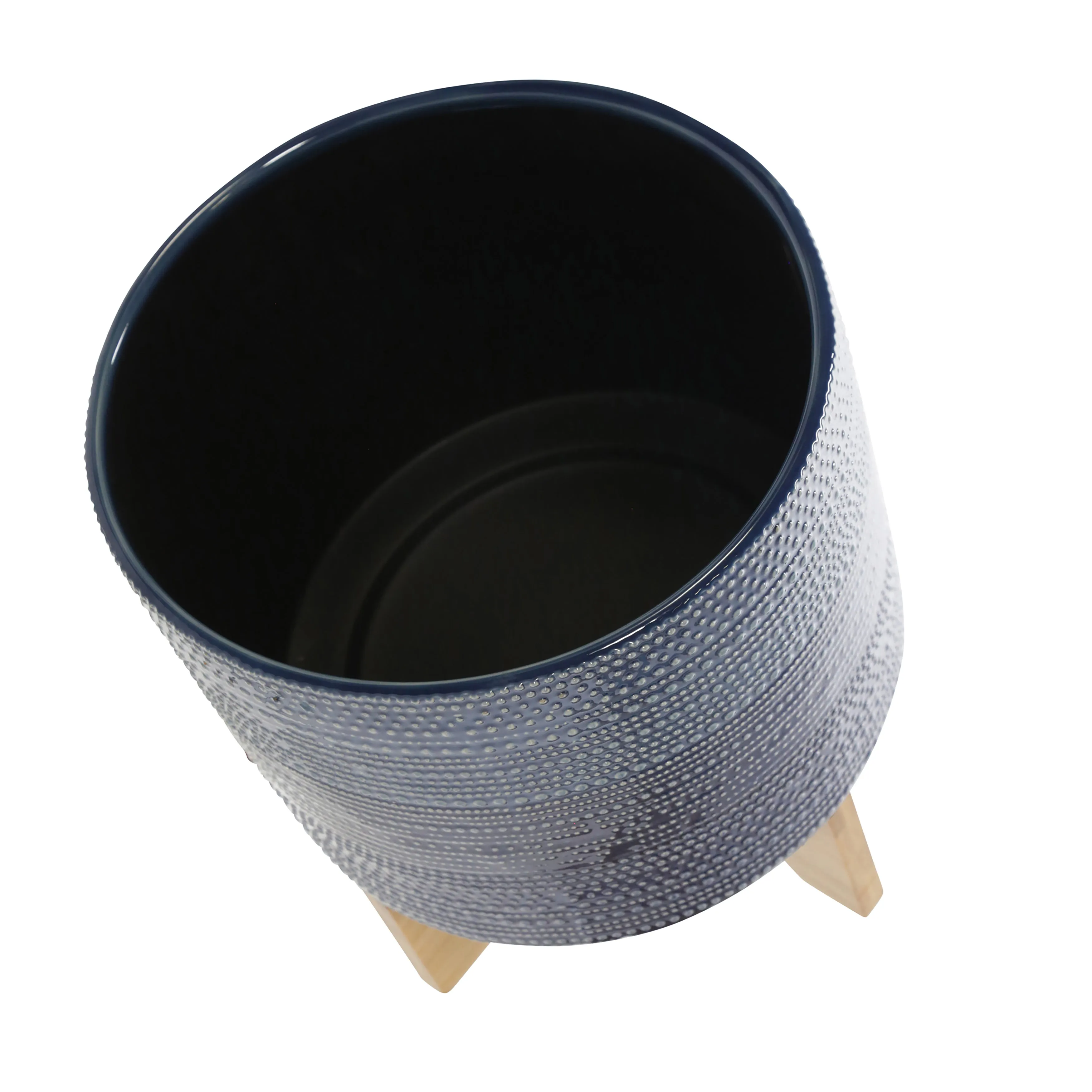 11" Dotted Planter W/ Wood Stand, Blue