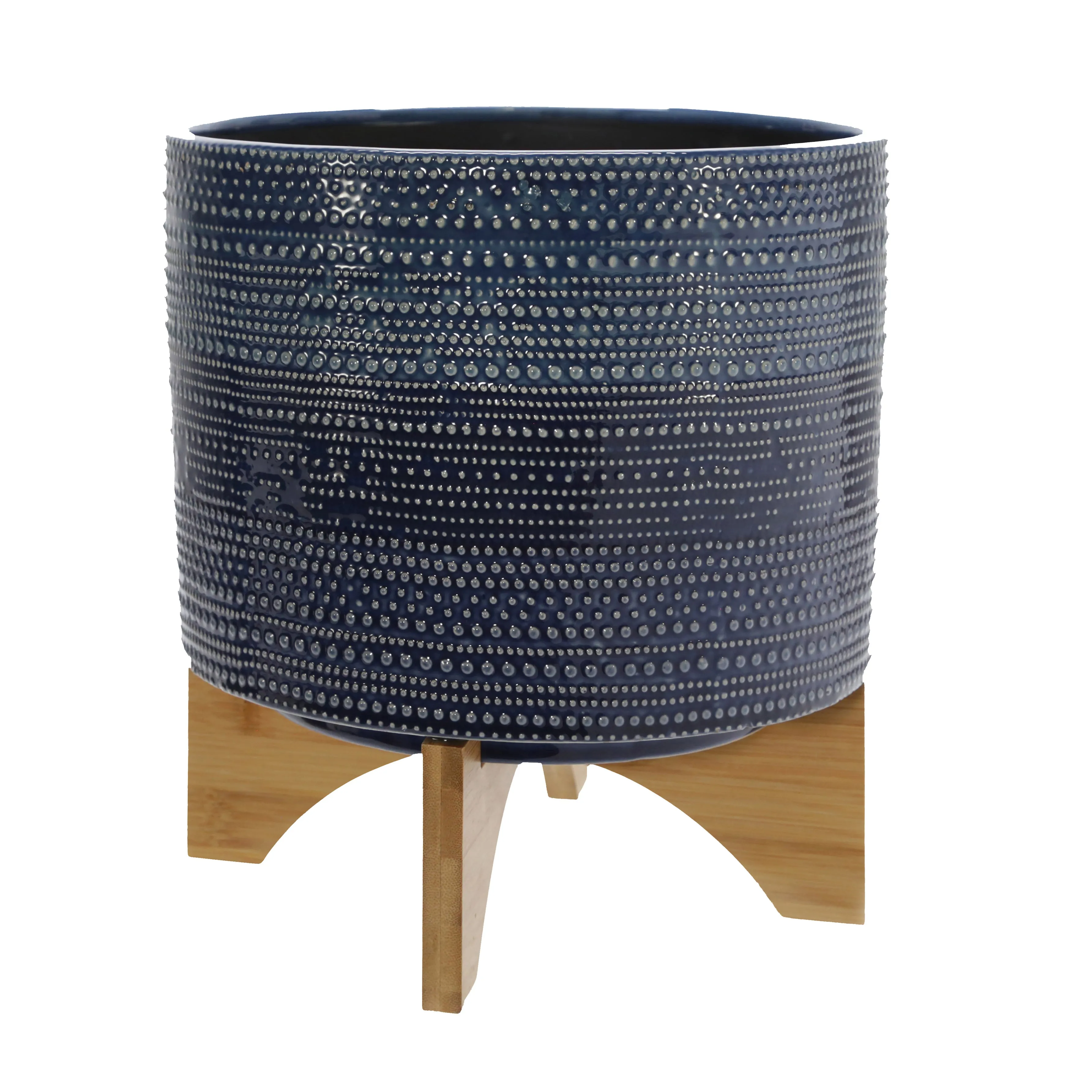 11" Dotted Planter W/ Wood Stand, Blue