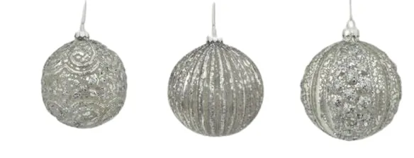 4" Silver Glittered Assorted Ornament Set Of 12