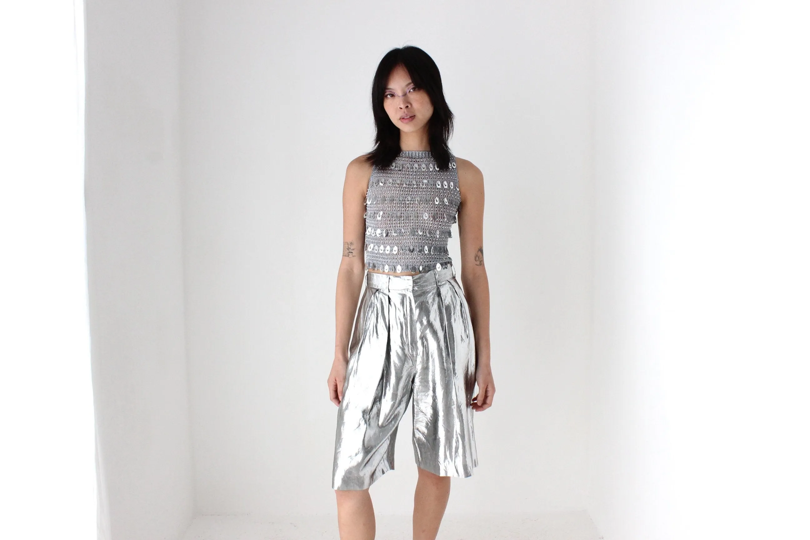 80s Silver Lamé Metallic Foil Long Line Pleated Shorts by Heléne Sidel