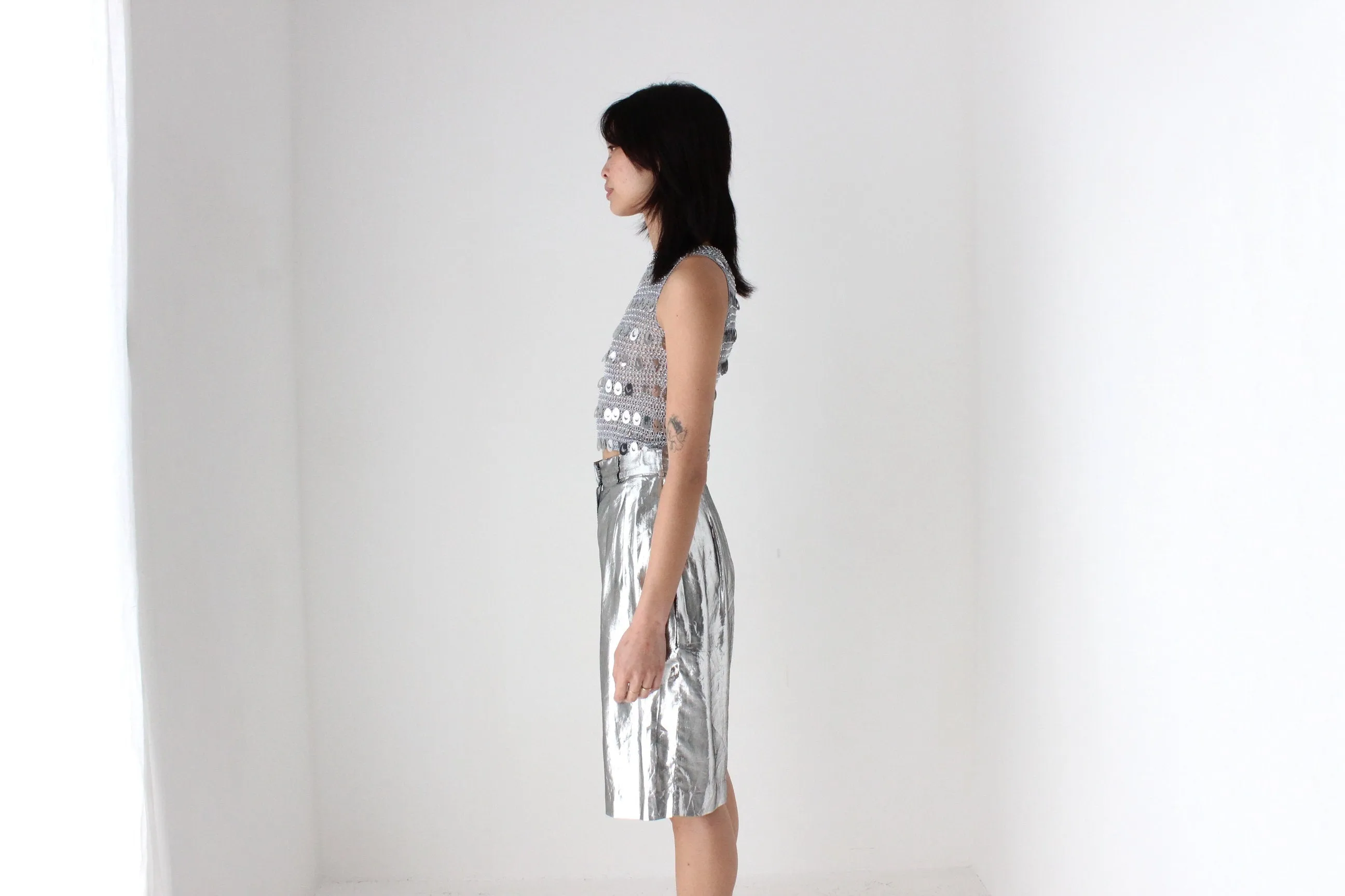 80s Silver Lamé Metallic Foil Long Line Pleated Shorts by Heléne Sidel