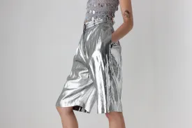 80s Silver Lamé Metallic Foil Long Line Pleated Shorts by Heléne Sidel