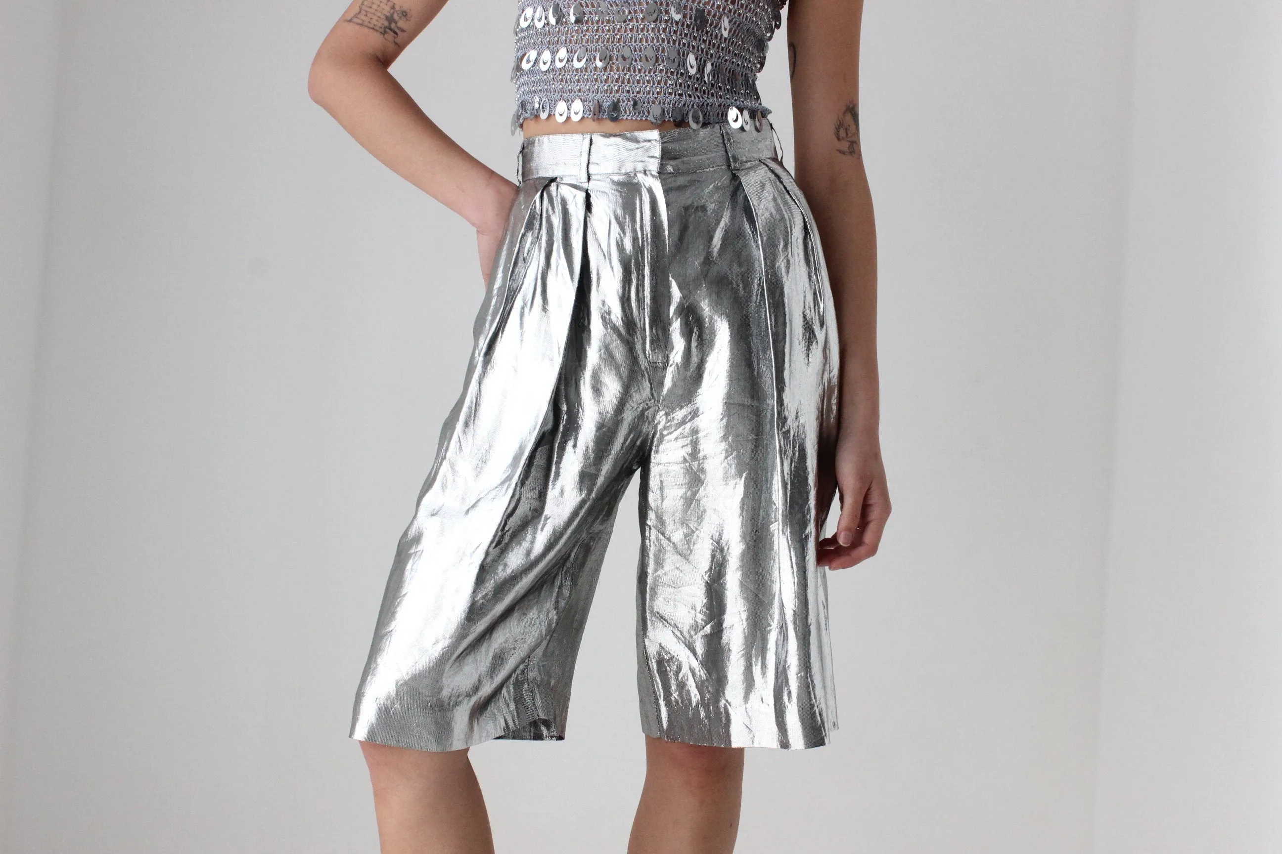 80s Silver Lamé Metallic Foil Long Line Pleated Shorts by Heléne Sidel