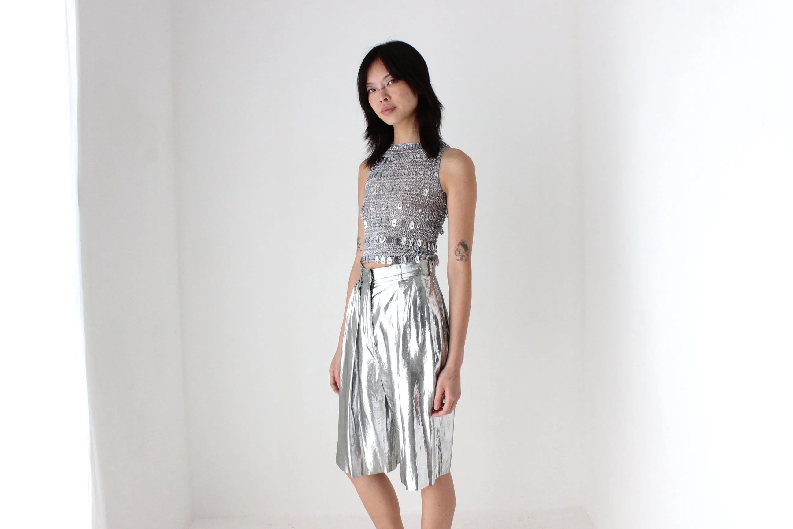 80s Silver Lamé Metallic Foil Long Line Pleated Shorts by Heléne Sidel