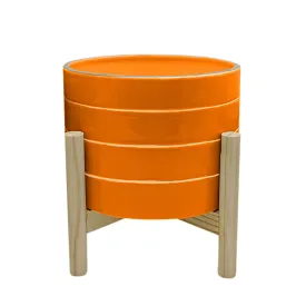 8" Striped Planter W/ Wood Stand, Orange