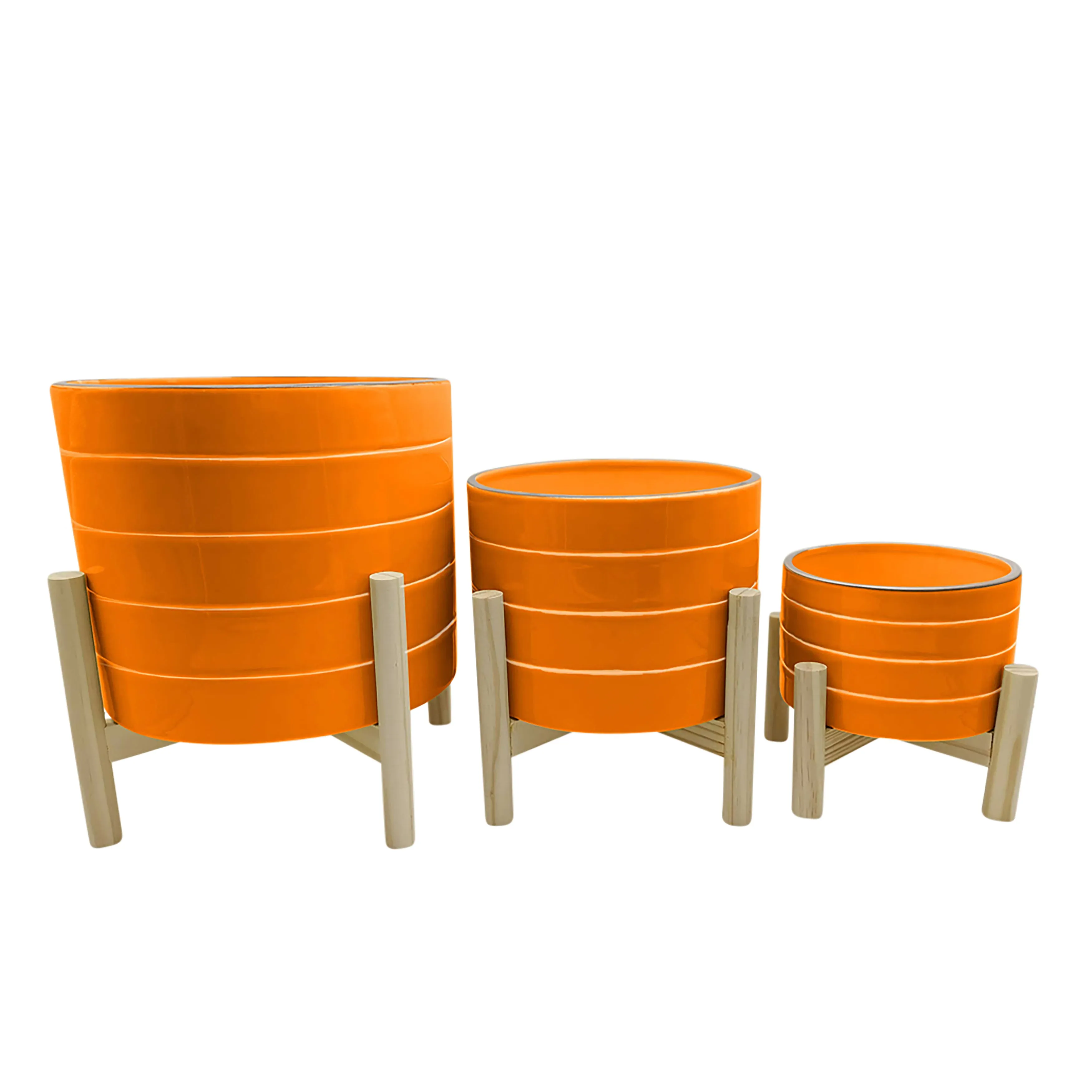 8" Striped Planter W/ Wood Stand, Orange