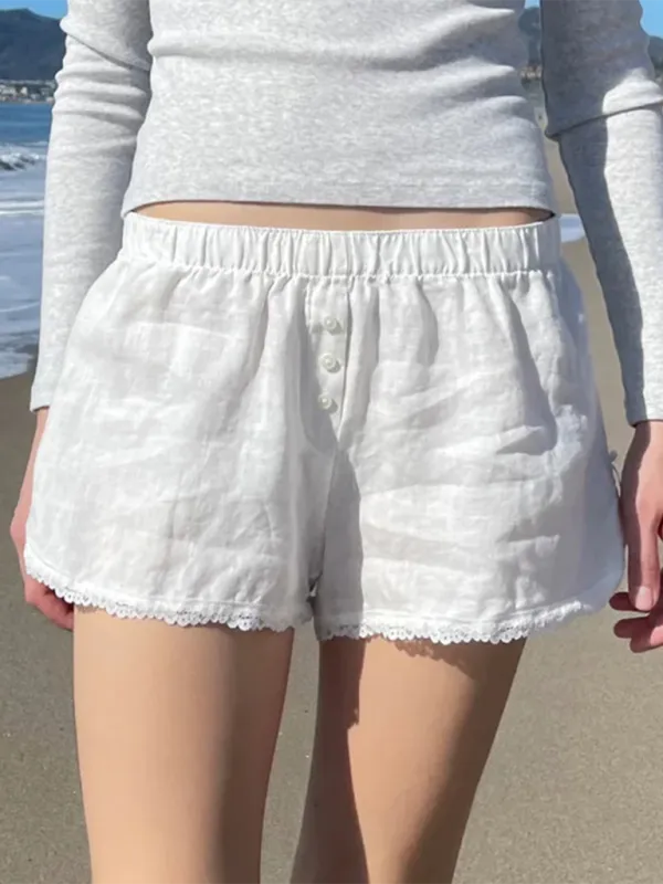 Astrid Holiday Style Buttoned Solid Color Elastic Waist Loose Versatile Stitching Lace Casual Shorts