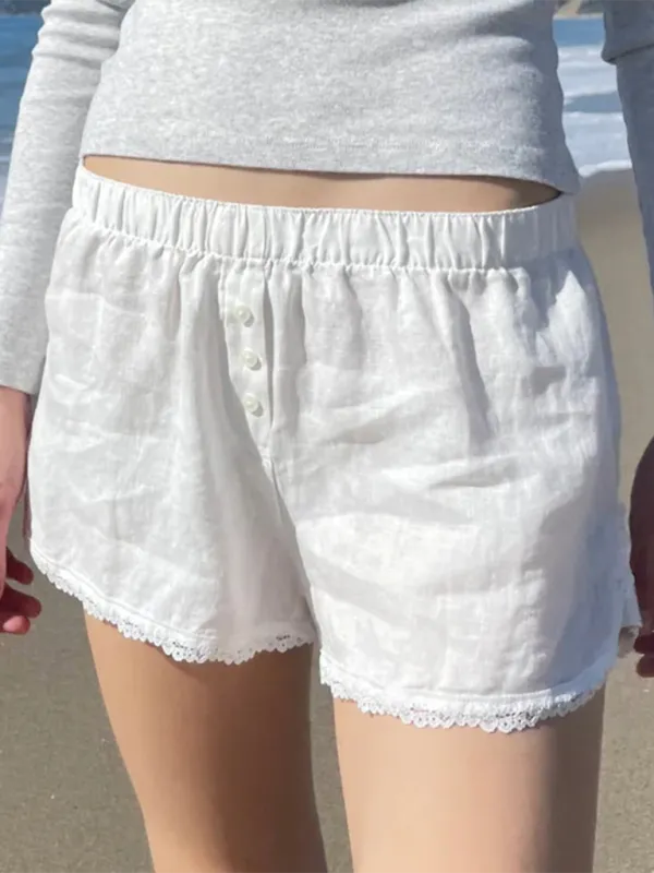 Astrid Holiday Style Buttoned Solid Color Elastic Waist Loose Versatile Stitching Lace Casual Shorts
