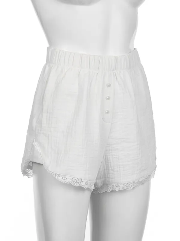 Astrid Holiday Style Buttoned Solid Color Elastic Waist Loose Versatile Stitching Lace Casual Shorts