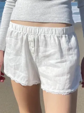 Astrid Holiday Style Buttoned Solid Color Elastic Waist Loose Versatile Stitching Lace Casual Shorts