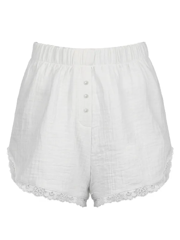 Astrid Holiday Style Buttoned Solid Color Elastic Waist Loose Versatile Stitching Lace Casual Shorts