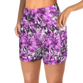 Black & Pink Leaves Yoga Shorts with Pockets up to 5 XL (FWS)