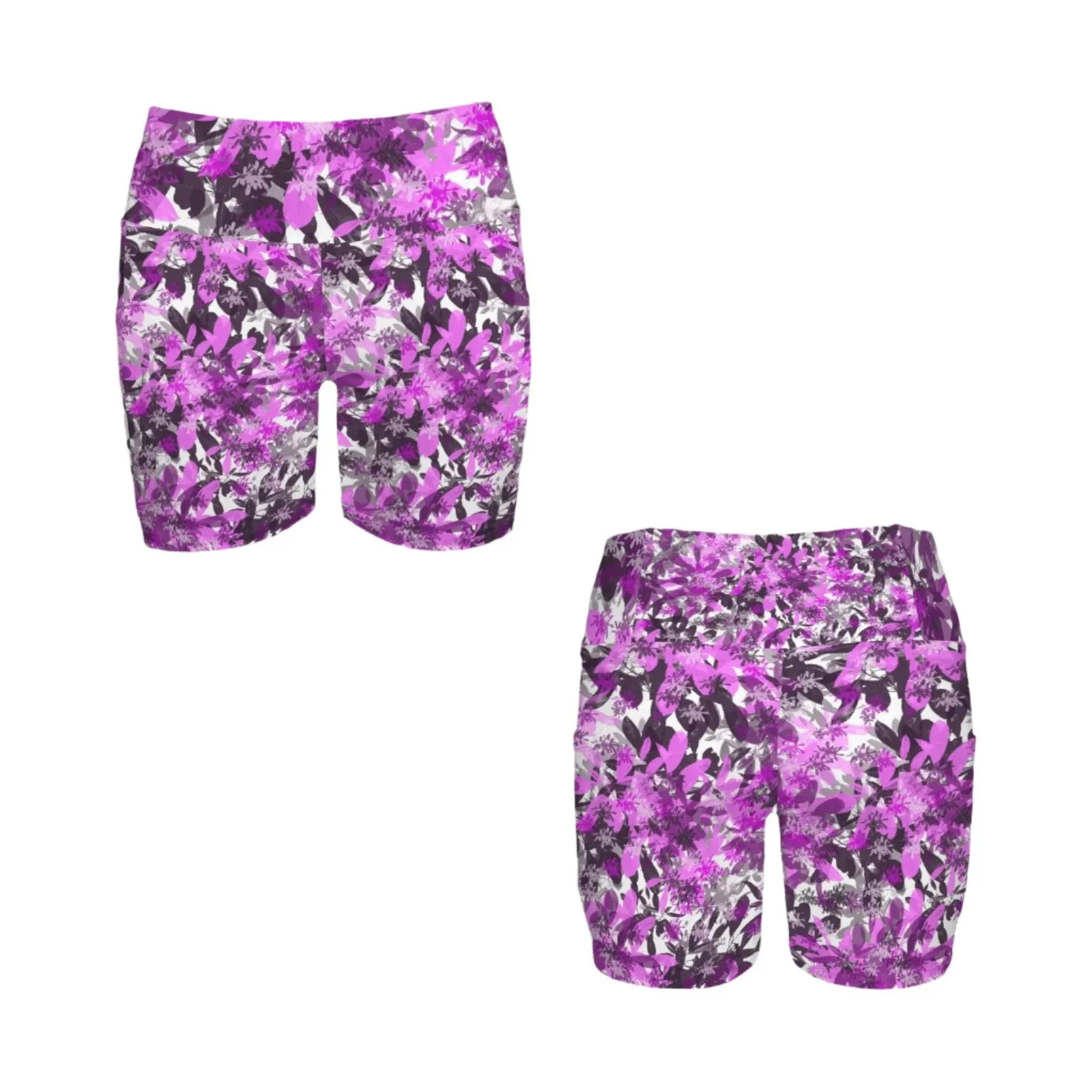 Black & Pink Leaves Yoga Shorts with Pockets up to 5 XL (FWS)