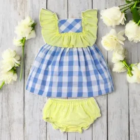 Blue & White Check Sleeveless Dress & Bloomers
