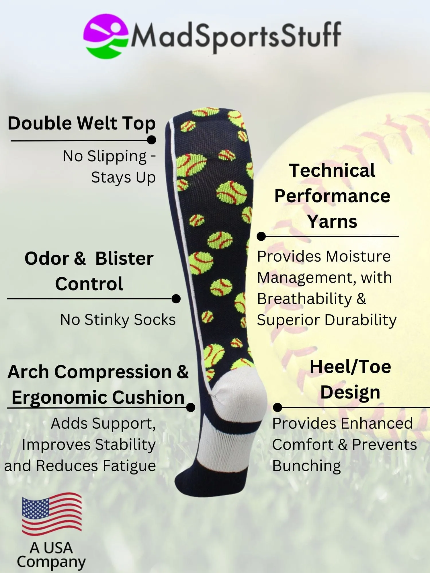 Crazy Softball Socks with Softballs over the calf (multiple colors)