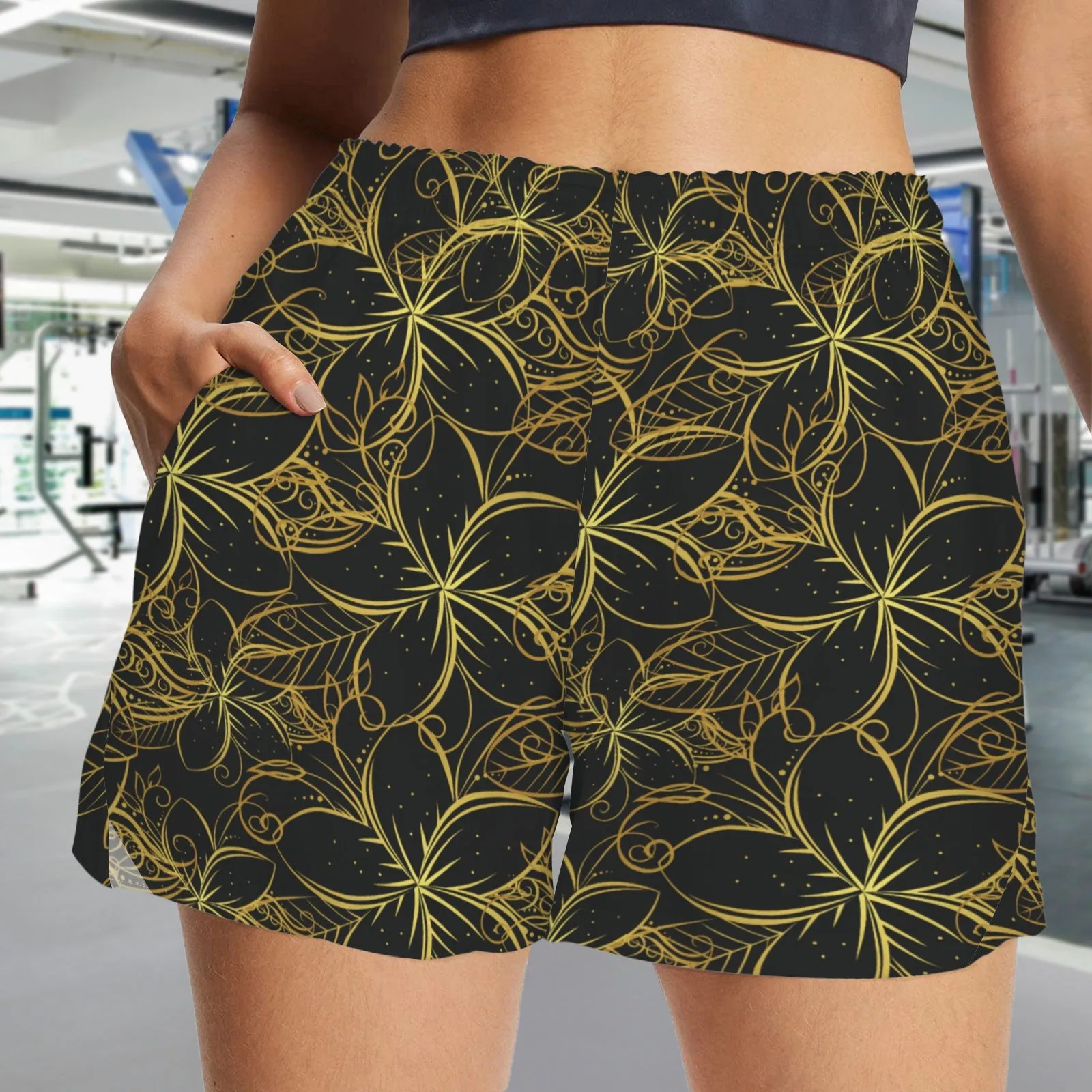 Golden Frangipani Black Zip Pocket Shorts up to 5 XL (FWS)