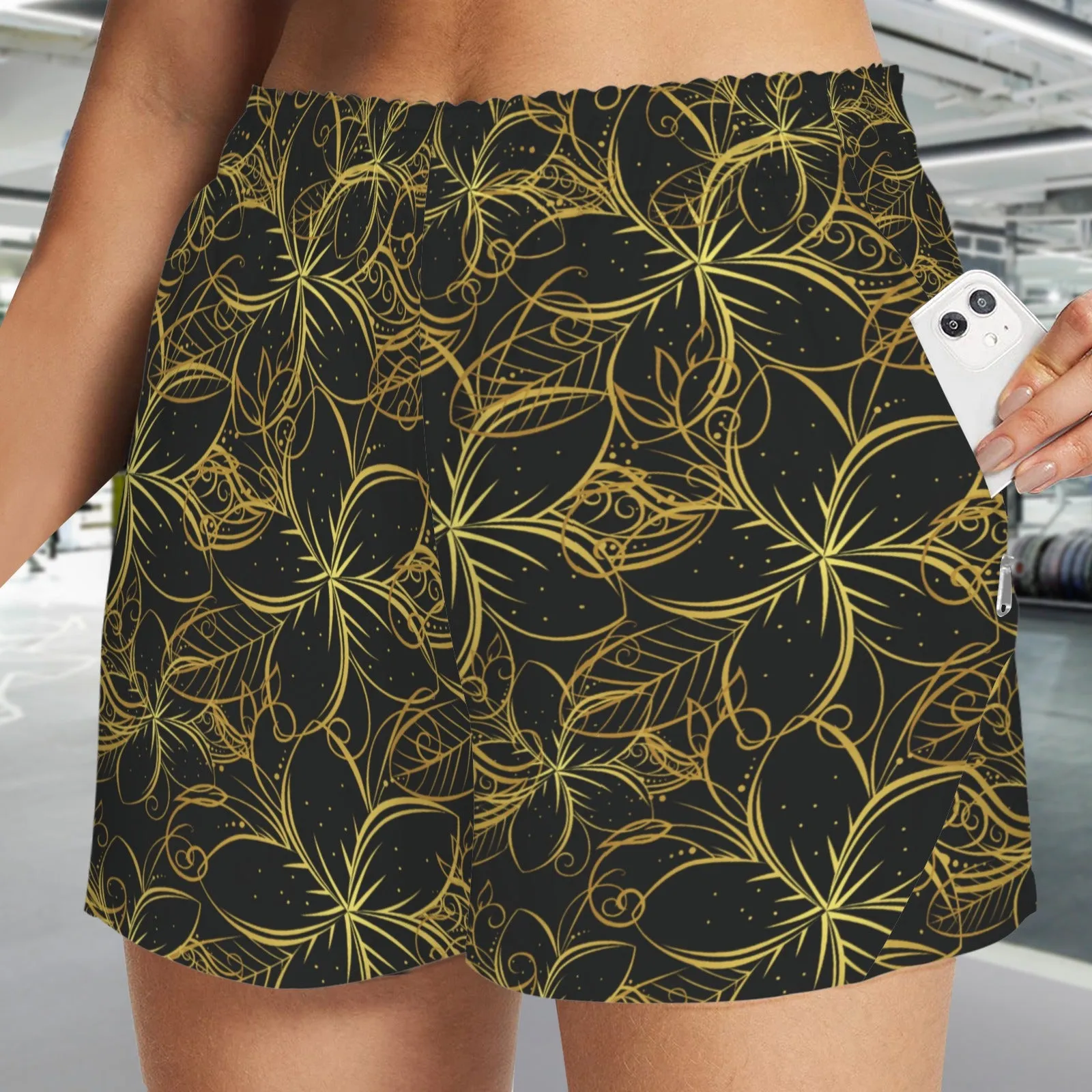 Golden Frangipani Black Zip Pocket Shorts up to 5 XL (FWS)