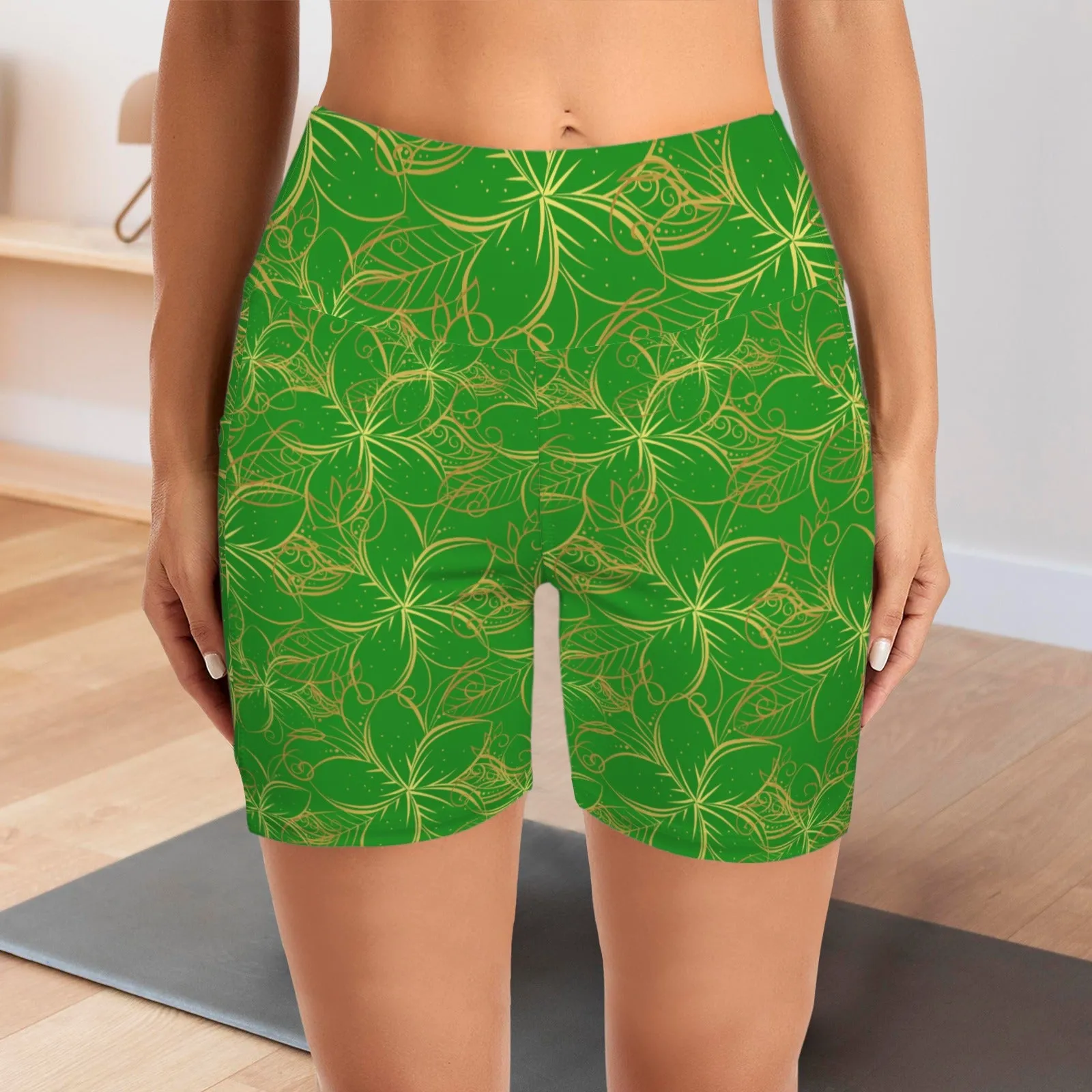 Golden Frangipani Green Yoga Shorts with Pockets up to 5 XL (FWS)