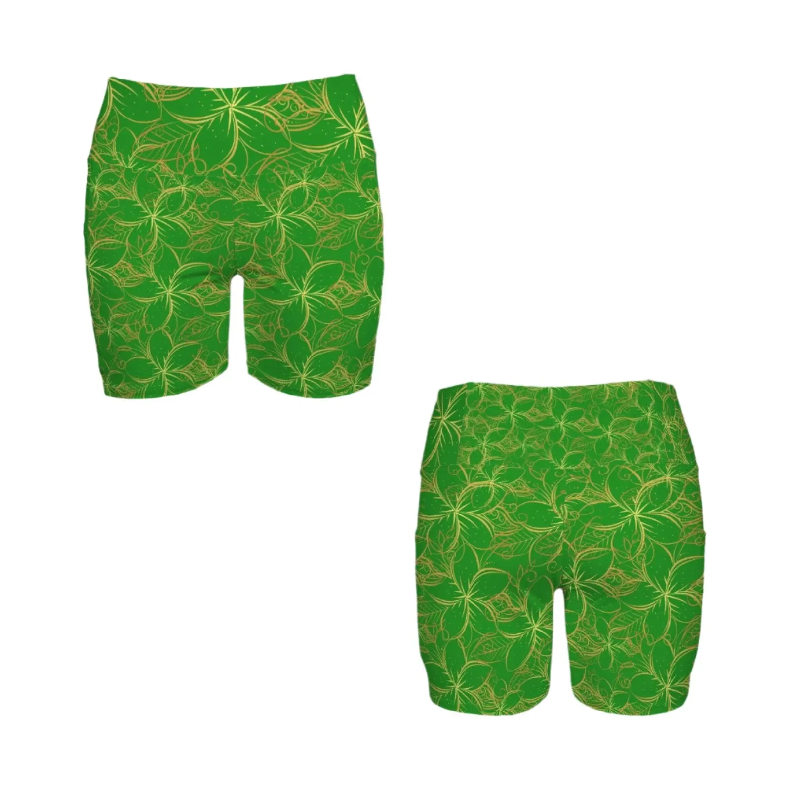 Golden Frangipani Green Yoga Shorts with Pockets up to 5 XL (FWS)