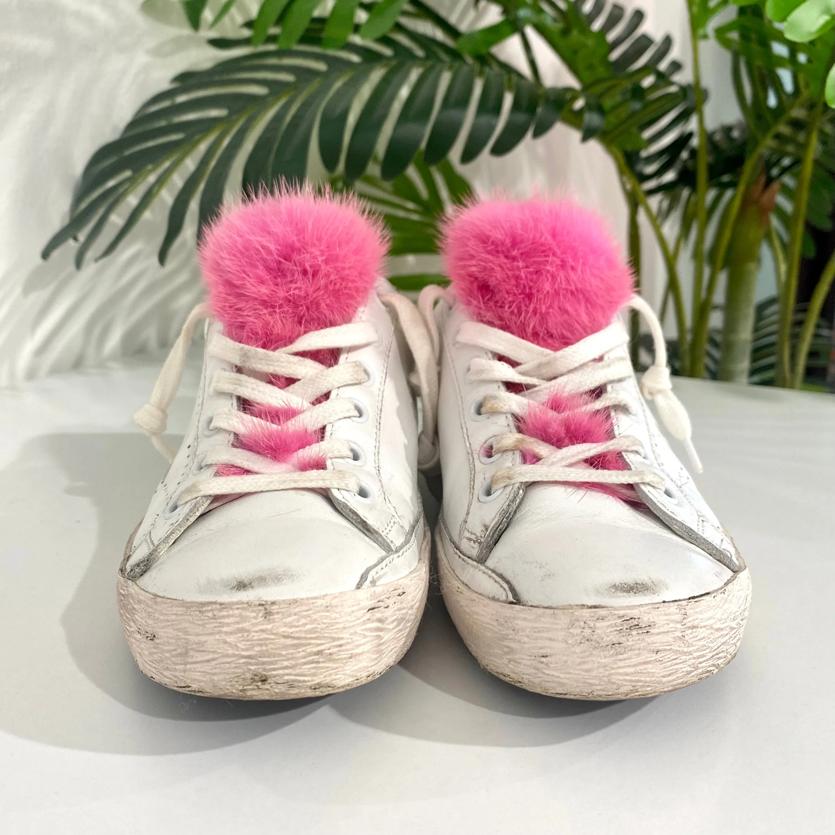 Golden Goose Pink Fur White Sneakers