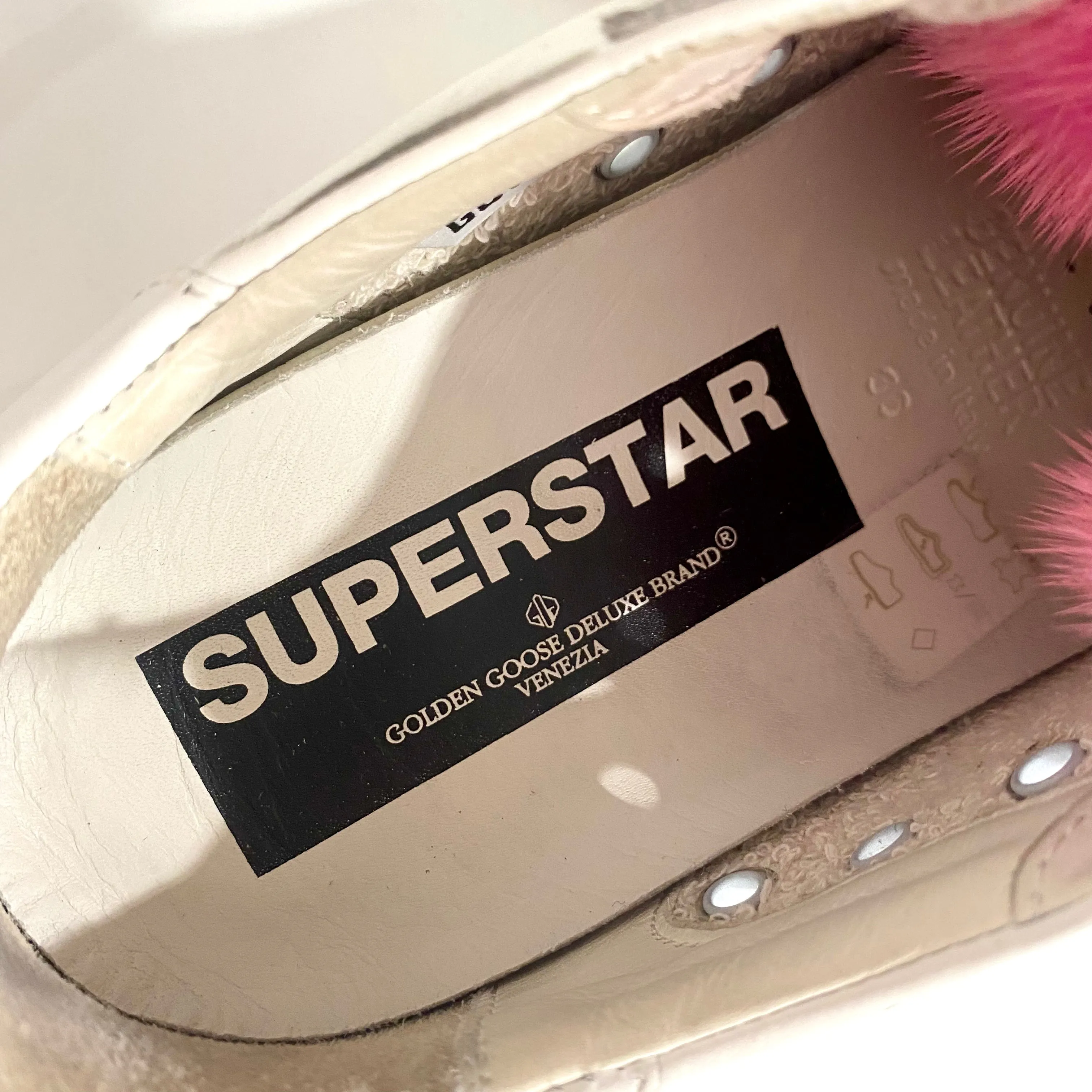 Golden Goose Pink Fur White Sneakers