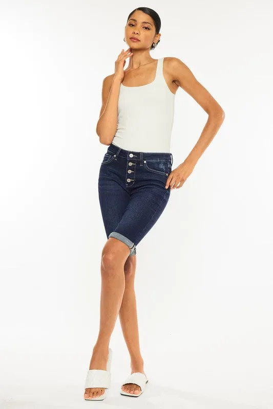 KanCan High Rise Button Down Cuffed Bermuda Jeans