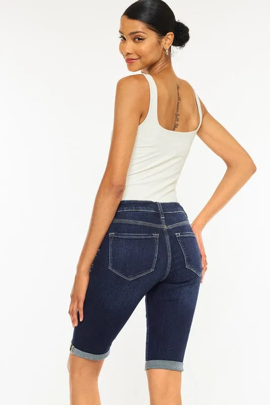 KanCan High Rise Button Down Cuffed Bermuda Jeans