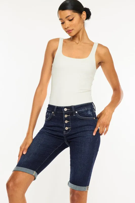 KanCan High Rise Button Down Cuffed Bermuda Jeans