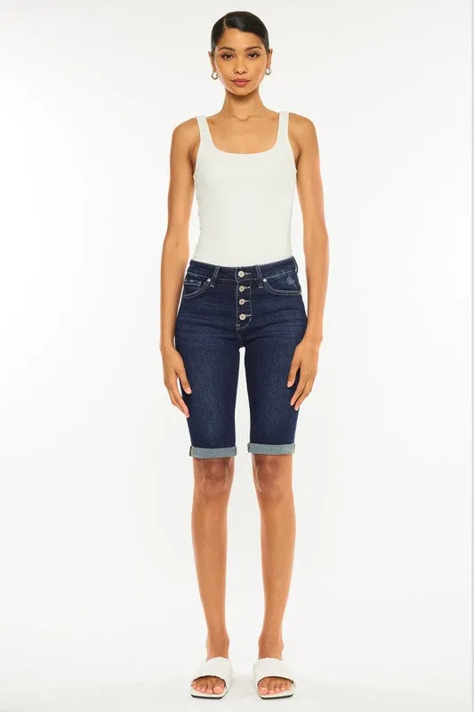 KanCan High Rise Button Down Cuffed Bermuda Jeans