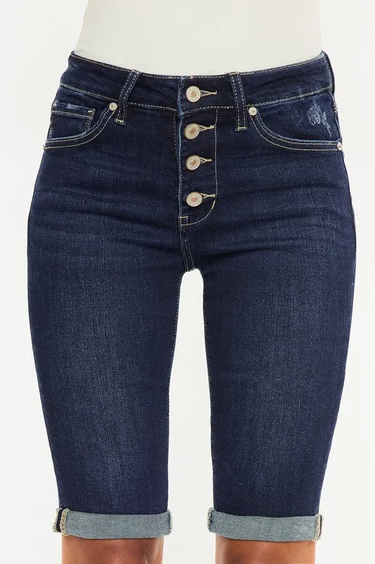 KanCan High Rise Button Down Cuffed Bermuda Jeans