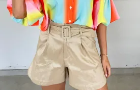 KHAKI STRETCHY BELTED SHORTS