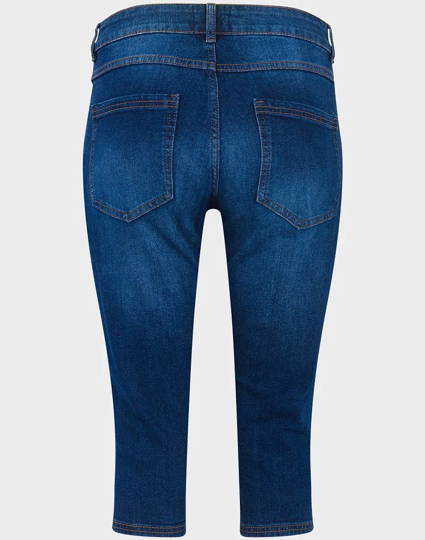 Ladies Dark Denim Organic Cotton Medium Waist 3/4 Cropped Stretchy Jeans