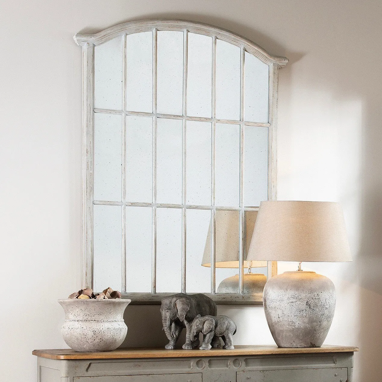 LARGE PAULOWINA WOOD GEORGIAN PALE GREY FENCED MIRROR