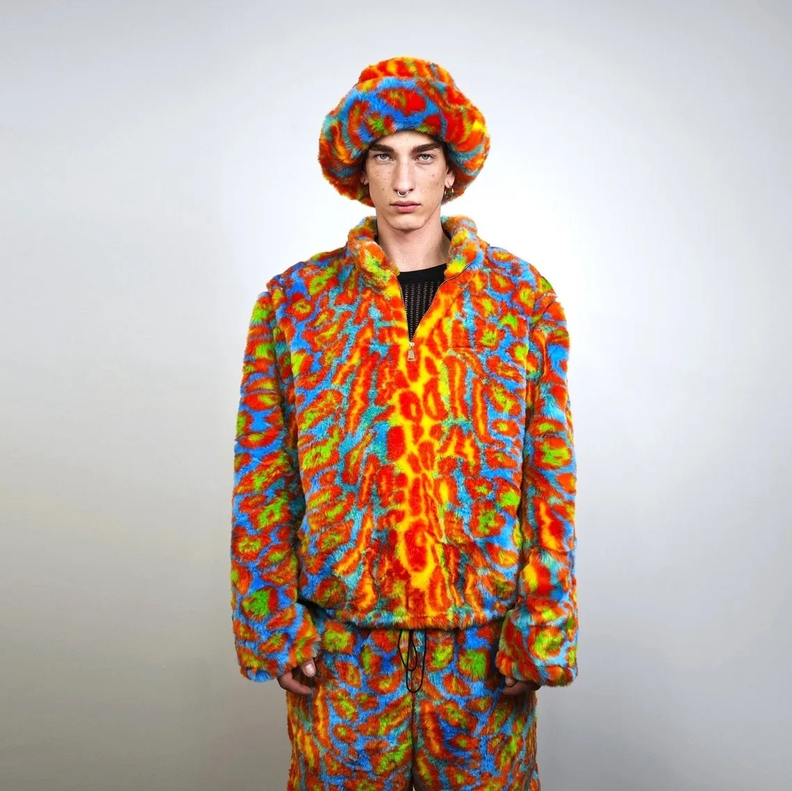 Leopard faux fur joggers orange neon trousers animal print pants festival overalls long furry bottoms jaguar shorts lynx fluffy burning man