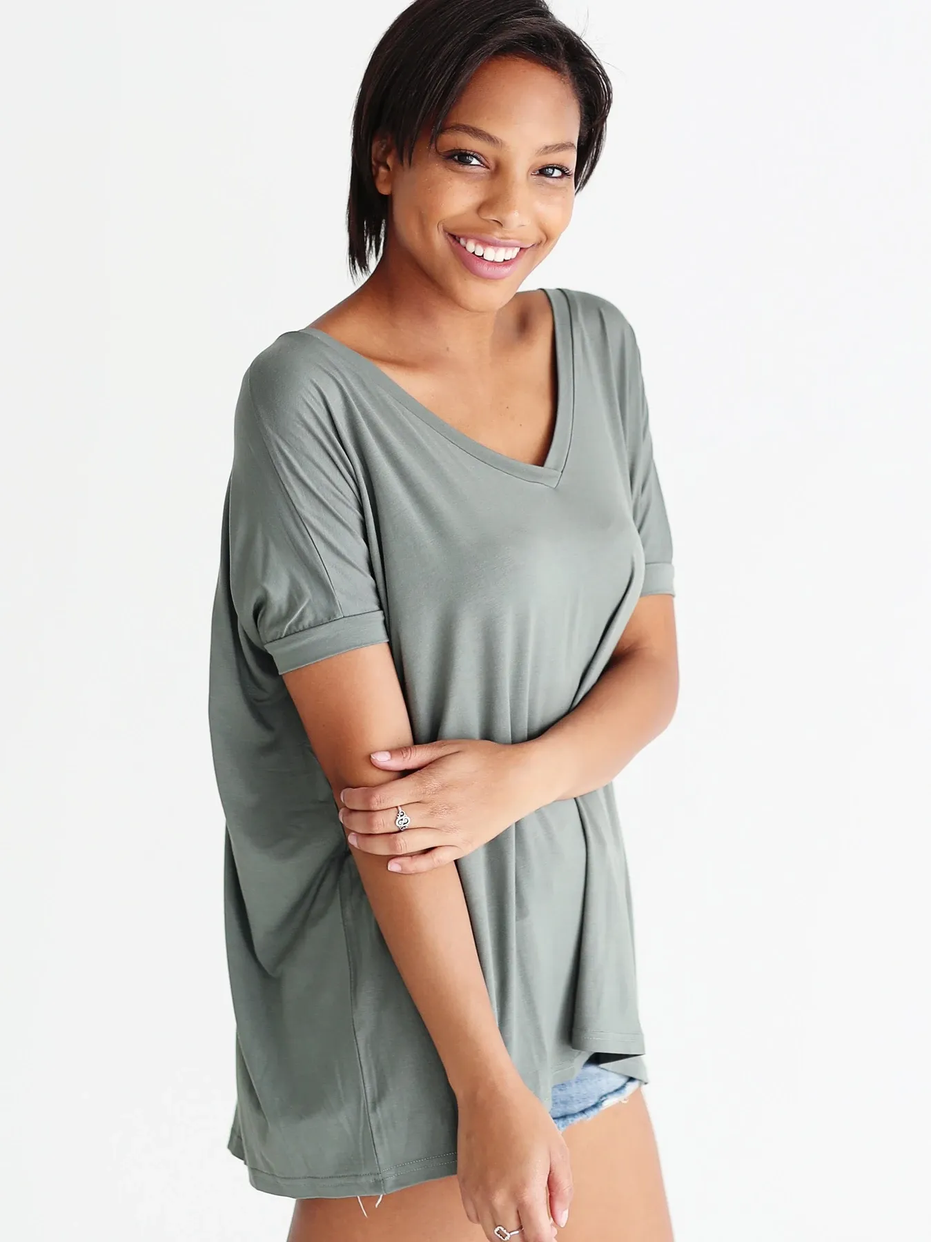 Light Olive V-neck Short Sleeve Top