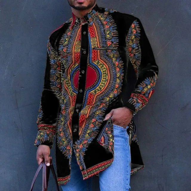 Men African Dashiki Style Long Sleeve Shirts M-4XL