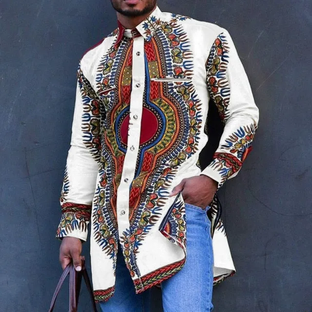 Men African Dashiki Style Long Sleeve Shirts M-4XL