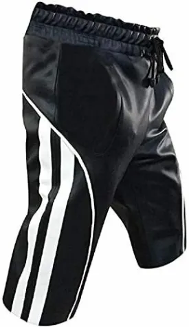 Men's Real Leather Shorts Black with White Stripes