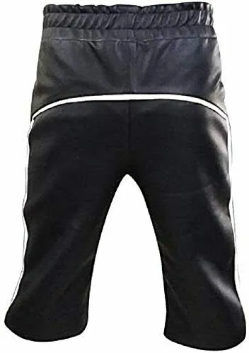 Men's Real Leather Shorts Black with White Stripes