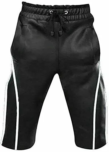 Men's Real Leather Shorts Black with White Stripes