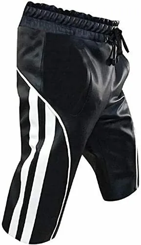 Men's Real Leather Shorts Black with White Stripes