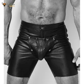 New Black Real Leather jean style mid thigh shorts Codpiece Front opening Gay Shorts